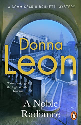 Book cover: Venice bridge scene with large yellow author name, “Donna Leon.”