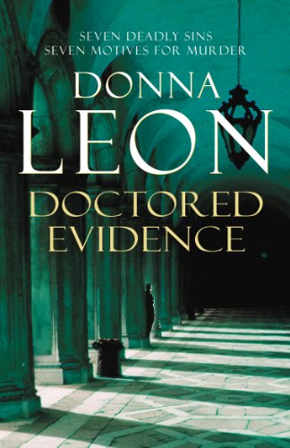 Book cover for Doctored Evidence by Donna Leon featuring a dark, teal-toned arched corridor.