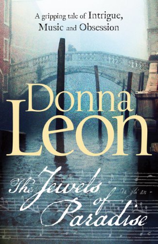 Book cover: "The Jewels of Paradise" by Donna Leon, Venice canal scene.