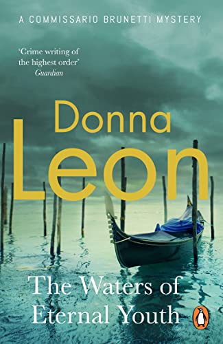 Book cover: Venice canal with boat, title “The Waters of Eternal Youth”.
