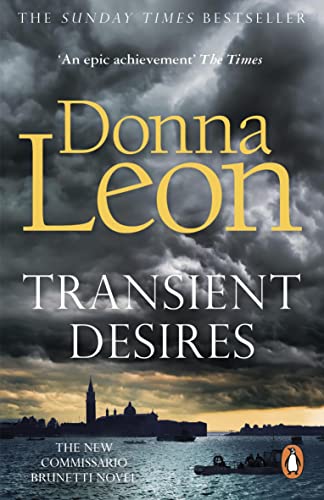 Book cover: "Transient Desires" by Donna Leon, with a Venetian seascape.