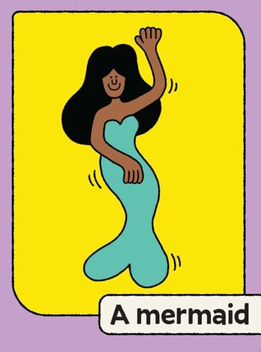 Illustration of a teal mermaid with dark hair against a yellow background.