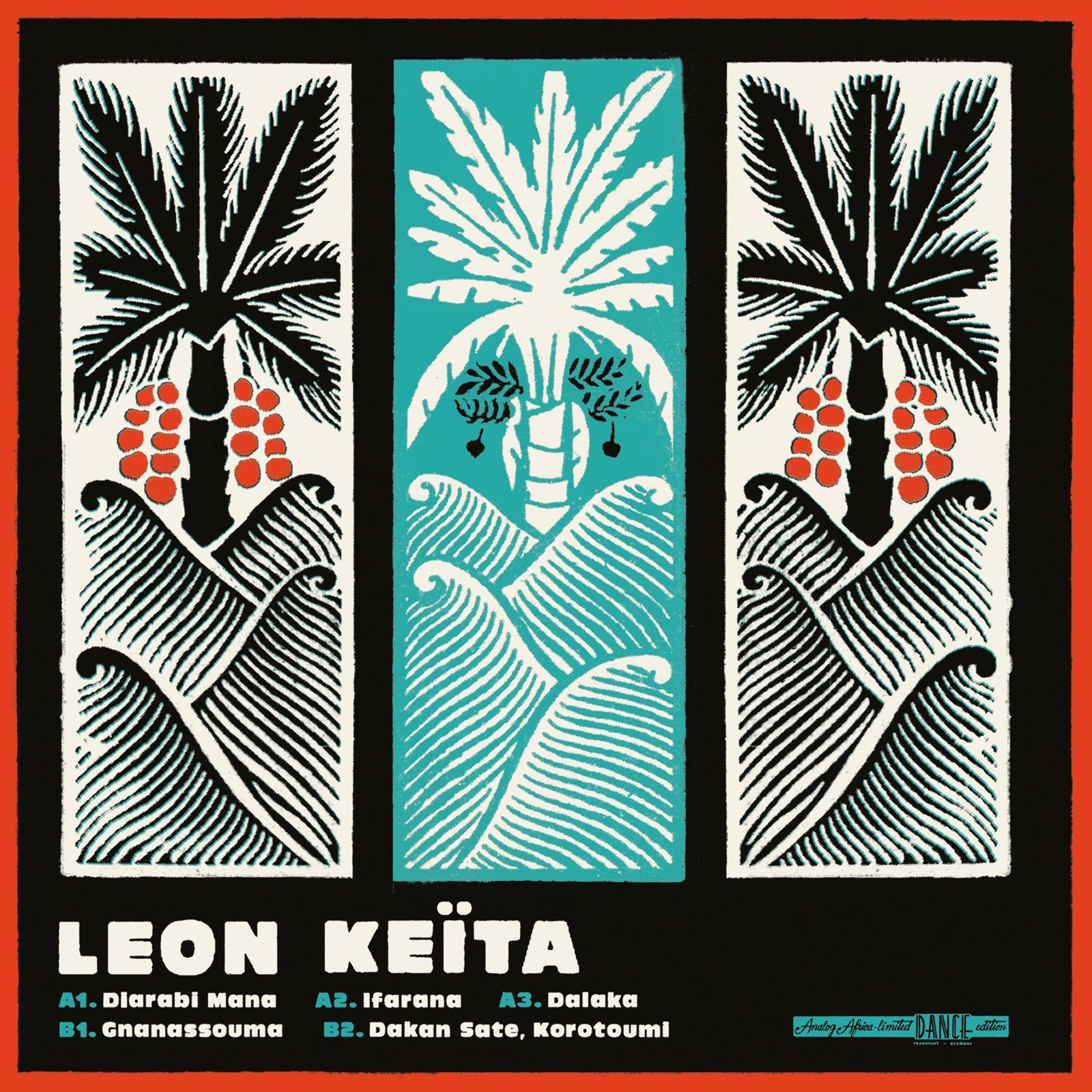 Vinyl record cover with stylized teal and red tropical plant design.