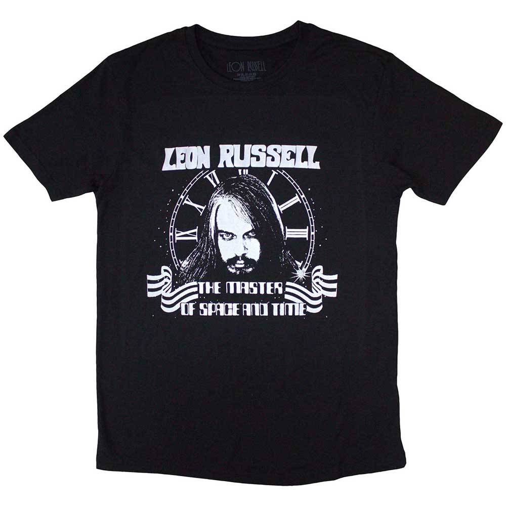 Black unisex t-shirt featuring a graphic print of Leon Russell with space and time elements.