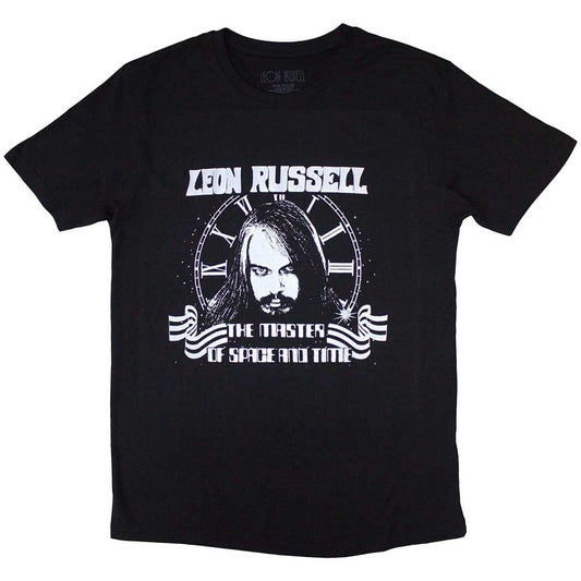Black unisex t-shirt featuring a graphic print of Leon Russell with space and time elements.
