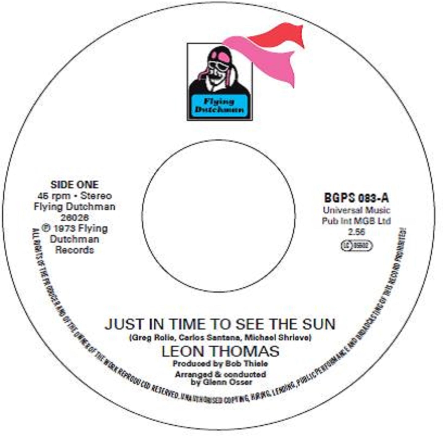 White vinyl record label with black text, featuring Leon Thomas and "Just In Time.