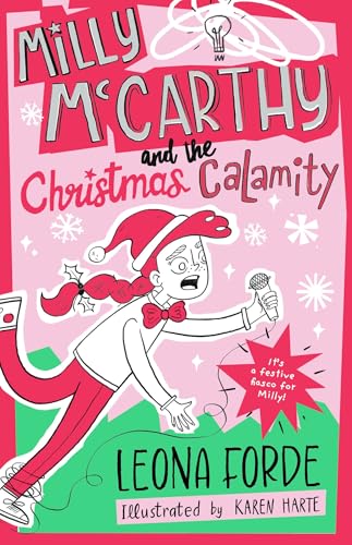 Book cover: girl in Santa hat holding a microphone, pink background.