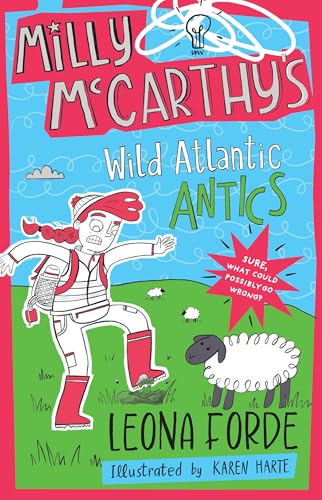 Book cover: girl in red boots running through a green field with sheep.