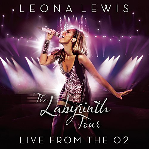 Leona Lewis performing on stage with purple spotlights, text overlay for The Labyrinth Tour.