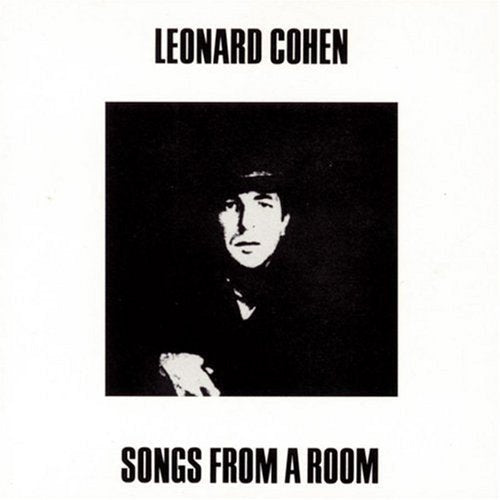 Black and white album cover featuring a portrait of Leonard Cohen against dark background.
