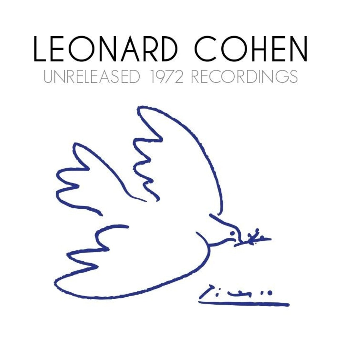 Album cover with Leonard Cohen text and a blue line drawing of a dove.