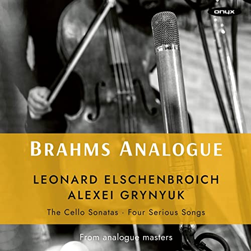 CD cover featuring a cellist with a microphone, text: Brahms, Elschenbroich.
