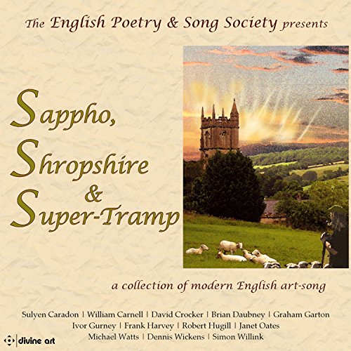 CD cover featuring a tower, fields, sheep, and stylized text: "Sappho, Shropshire & Super-Tramp".