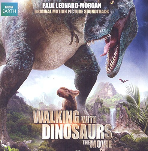 "CD cover art for 'Walking with Dinosaurs' soundtrack, featuring a large T-Rex and a small dinosaur."