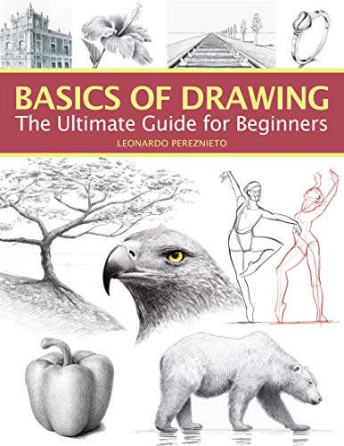 Book cover: “Basics of Drawing” with various realistic pencil sketches.