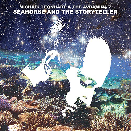 Album cover with white silhouettes of a seahorse and person over an underwater scene.