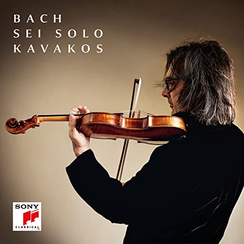 Violinist Leonidas Kavakos playing a violin, album cover for Bach: Sei Solo.