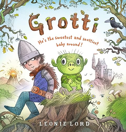 Book cover: a boy and green, textured creature in a fantasy landscape.