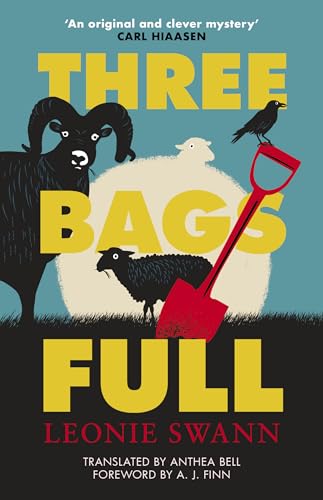 Book cover with sheep, ram, crow, and shovel on grass against blue background.