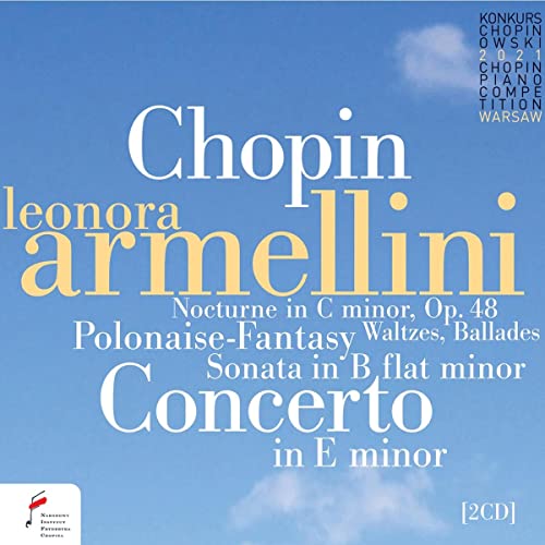 CD cover for Leonora Armellini’s Chopin piano works against a blue sky.