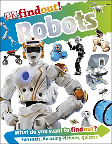 "Book cover featuring a large robot and various smaller robots against a white background."