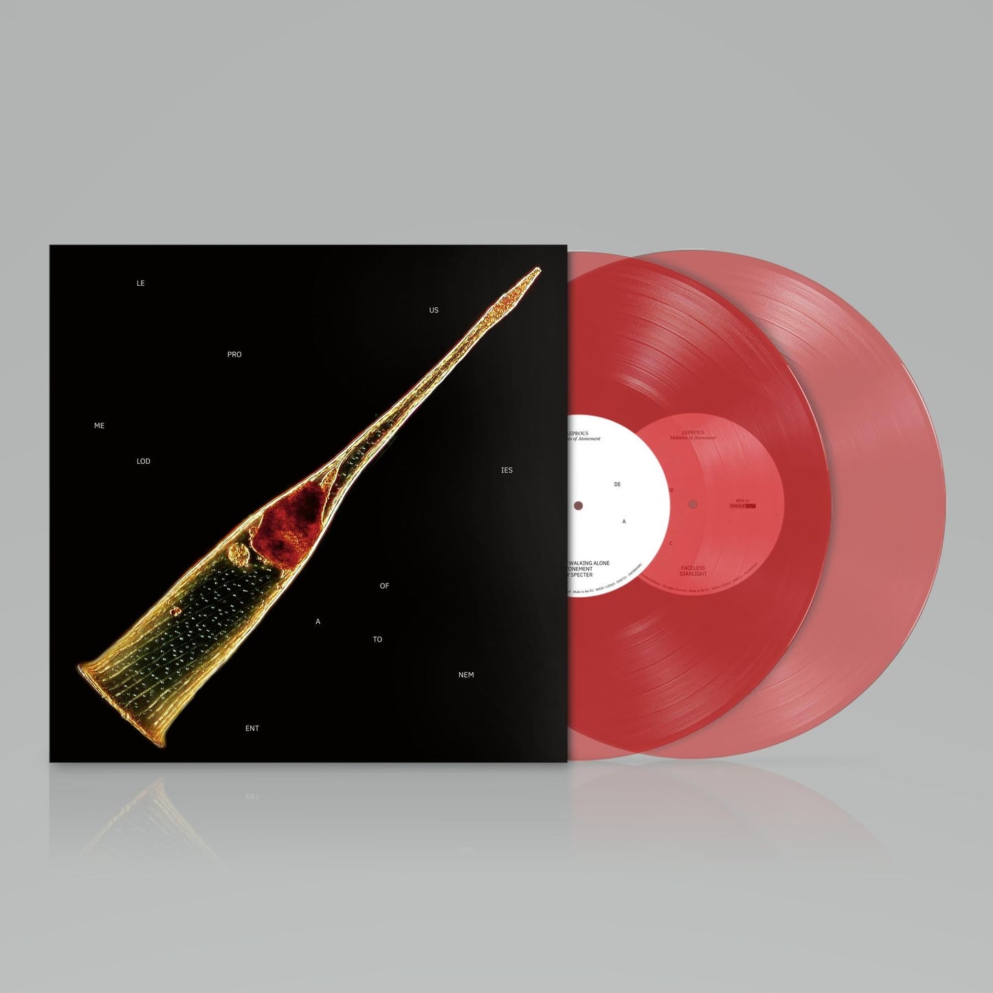 Leprous "Melodies Of Atonement" vinyl record with red discs and ornate cover.