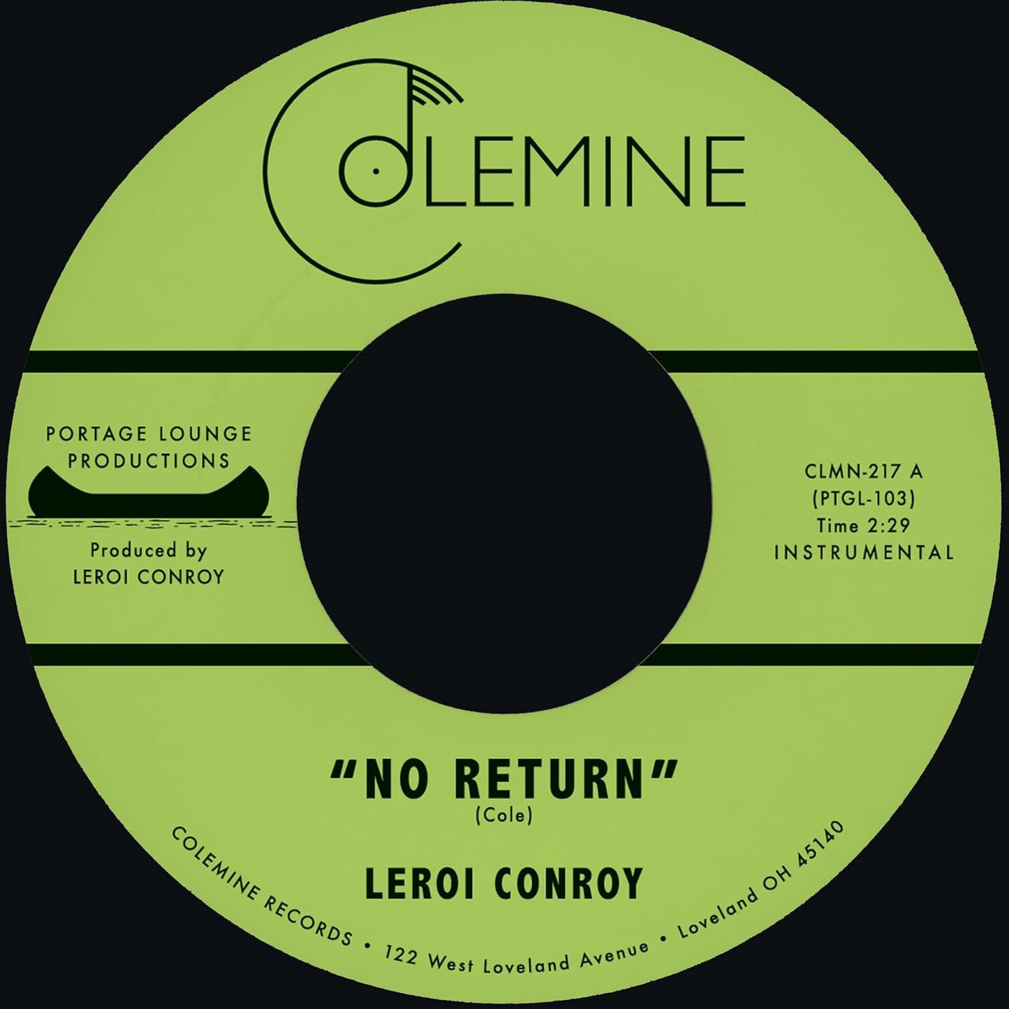 Green vinyl record label with black center hole and white text: “No Return.”