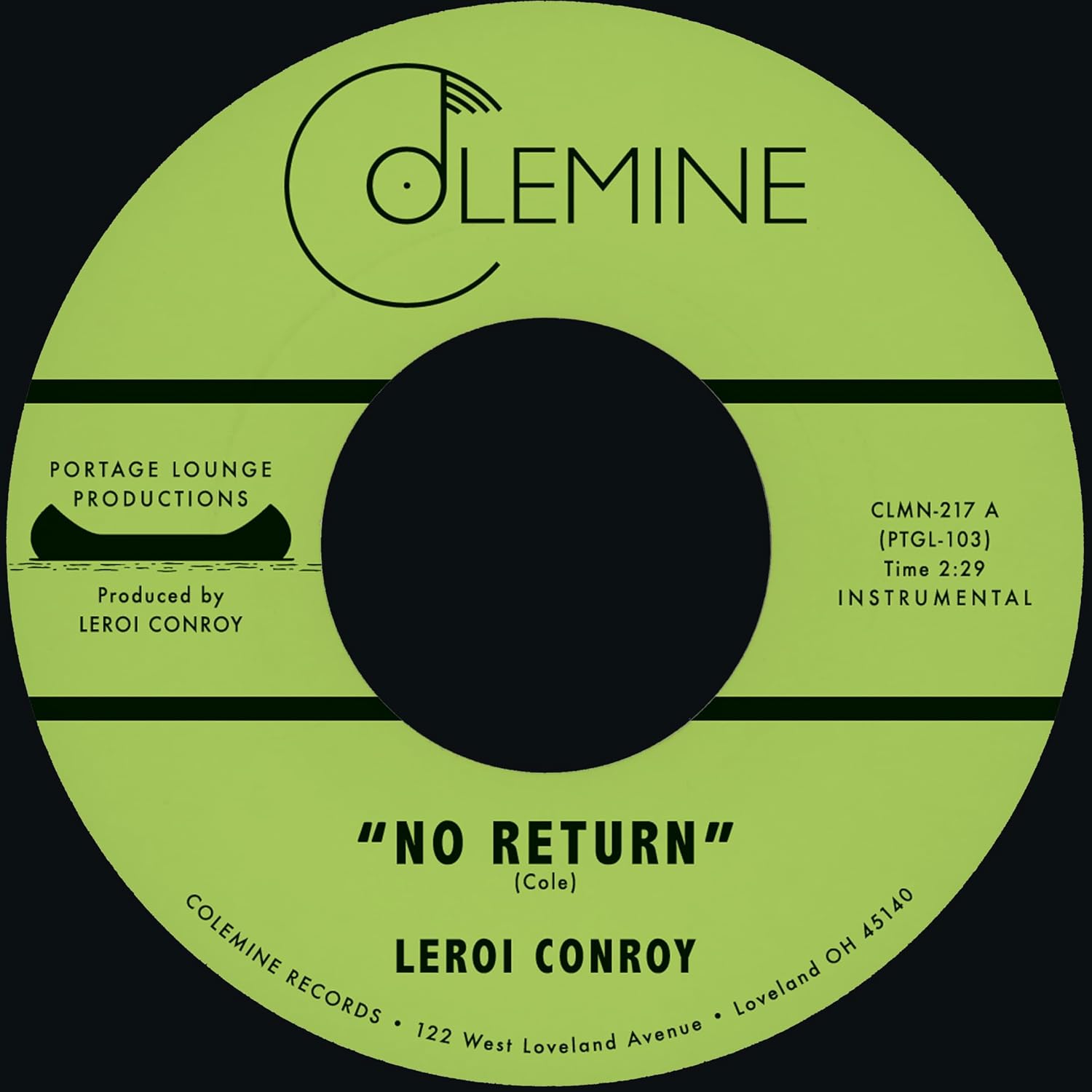 Green vinyl record label with black center hole and white text: “No Return.”