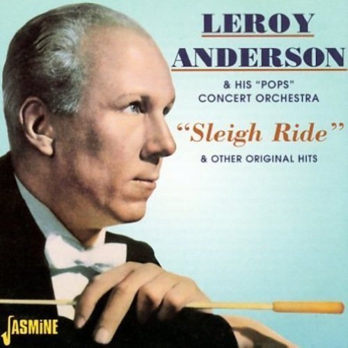 "Album cover with Leroy Anderson holding a baton, light blue background, and title text."