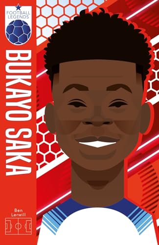 Stylized portrait of Bukayo Saka, a footballer, on a red and white book cover.