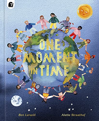 Children holding hands around a watercolor Earth with sun and moon.