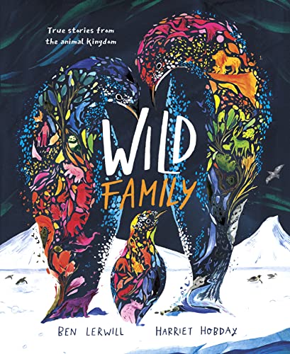 Book cover: penguin family illustration with colorful animal patterns.