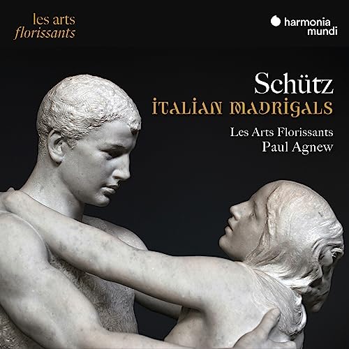CD cover featuring a classical sculpture of embracing figures, text “Schütz Italian Madrigals”.