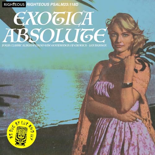 Album cover showing a woman by the sea with text Exotica Absolute and tiki icon.