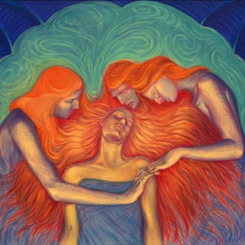 Album cover with three figures and flowing red hair against blue.