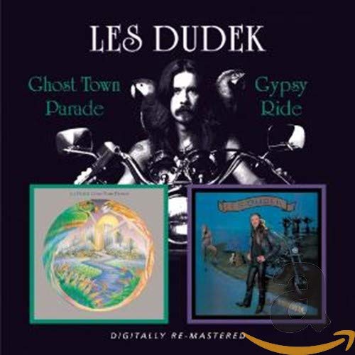 Les Dudek CD cover featuring a portrait with a motorcycle and album art.