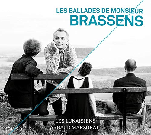 "Black and white CD cover with three people sitting on a bench outdoors."
