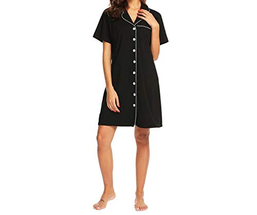 Black, button-down nightgown on a woman against a white background.