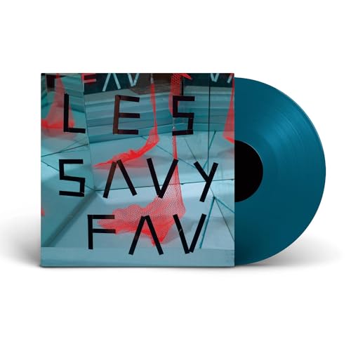Vinyl record album cover with red netting over blue surfaces and a teal disc.