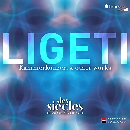 CD cover for Ligeti’s chamber works by Les Siècles, blue abstract design.