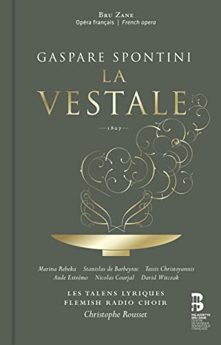 CD cover for Spontini’s “La Vestale” opera, gold flourishes on green.