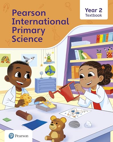 Two children in lab coats perform a science experiment with a watering can.