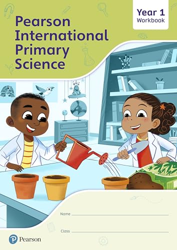 Primary science workbook cover with children watering plants in a lab.
