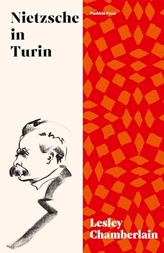 Book cover: black and white portrait of Nietzsche, red patterned background.