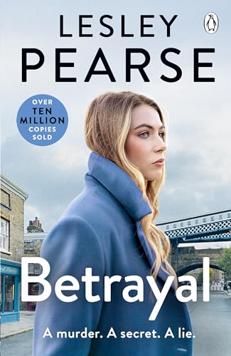 Book cover: woman in blue coat, city background, title "Betrayal".