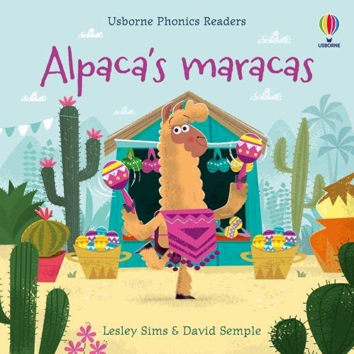 Book cover: alpaca playing maracas in a desert landscape.