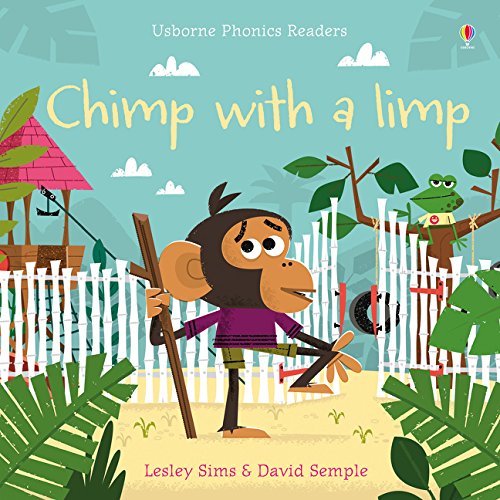 Book cover: cartoon chimp with a crutch, jungle background.