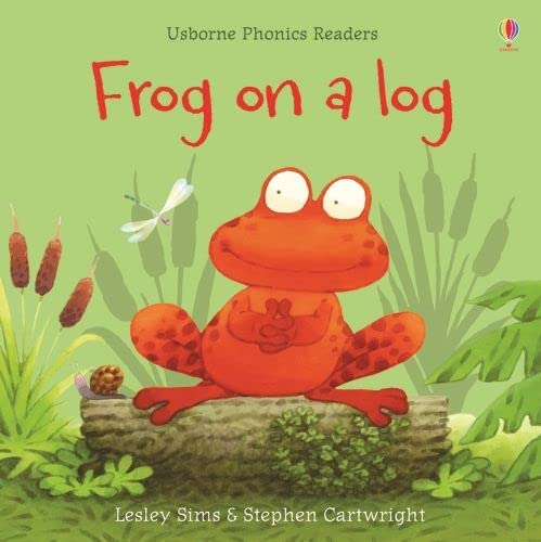 An orange frog sits on a log in a pond with a snail and dragonfly.