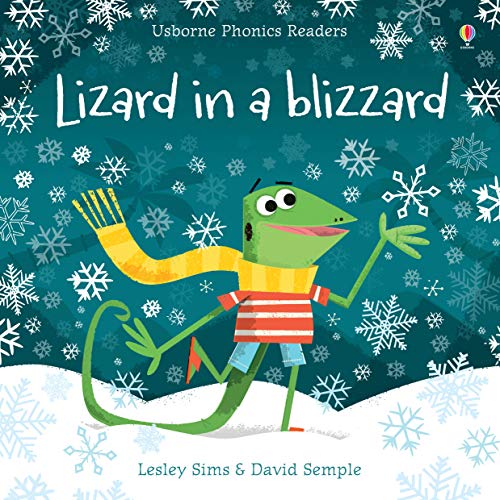 Book cover: green lizard wearing scarf and hat in falling snow.