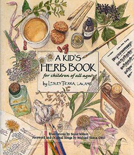 Book cover with herbs, flowers, and bottles on a beige background with title.